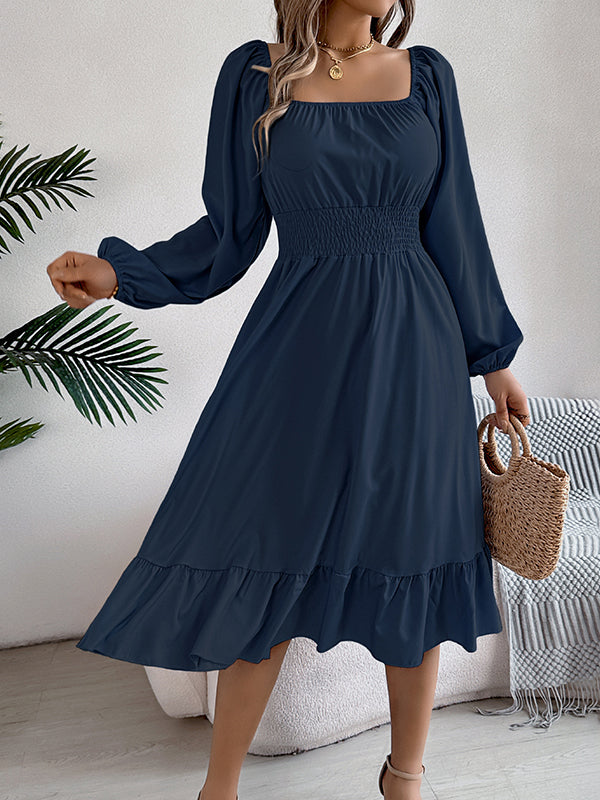 Pleated Ruffled Solid Color A-Line Elasticated Waist Square-Neck Midi Dresses