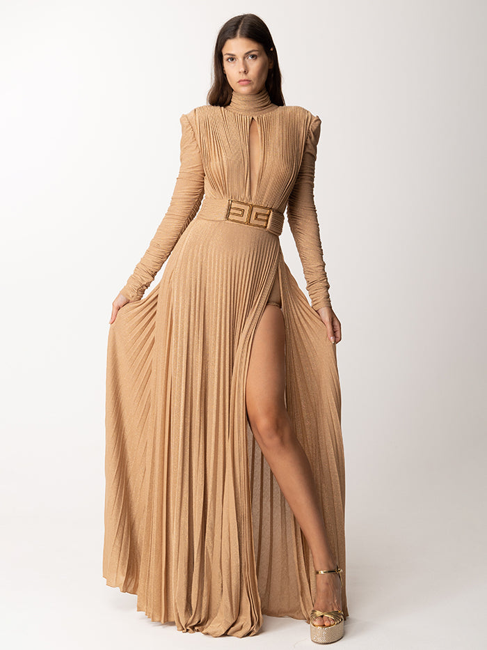 Long Sleeves Pleated Solid Color Split-Side V-Back High-Neck Evening Dresses Maxi Dresses