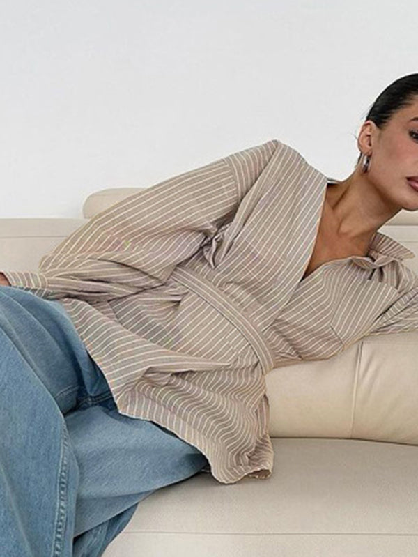 Pleated Split-Toe Striped Loose Puff Sleeves V-neck Blouses&shirts Tops