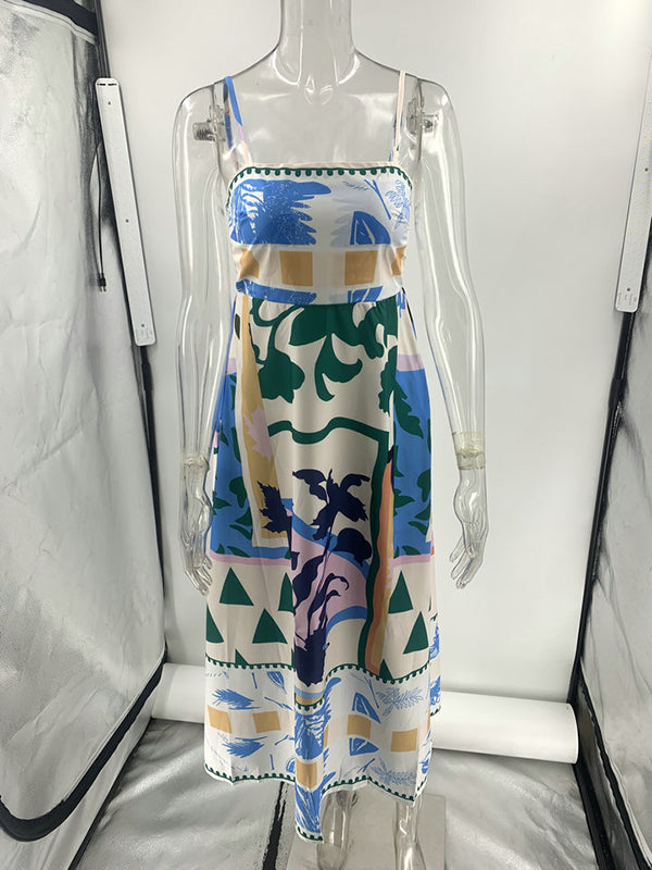 Pleated Printed Split-Joint High Waisted Sleeveless Collarless Slip Dress Midi Dresses
