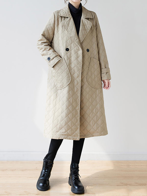Buttoned Pockets Quilted Long Sleeves Loose Notched Collar Padded Coat