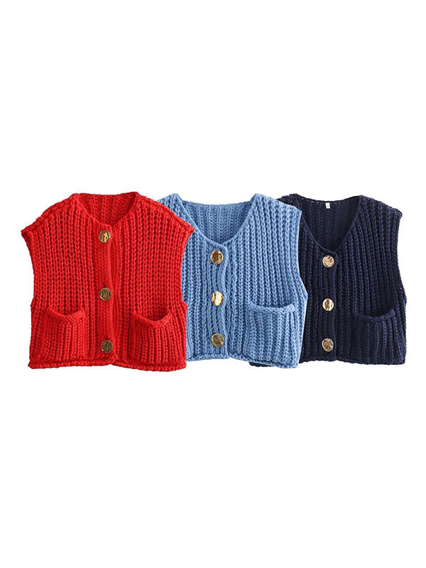 Buttoned Pockets Loose Sleeveless V-Neck Vest Outerwear