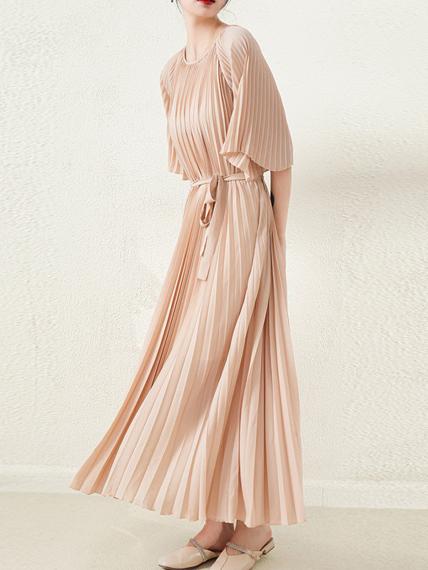 Loose Pleated With Waistband Solid Color Round-Neck Maxi Dresses