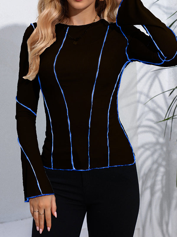 Split-Joint Flared Sleeves Long Sleeves Round-Neck T-Shirts Tops