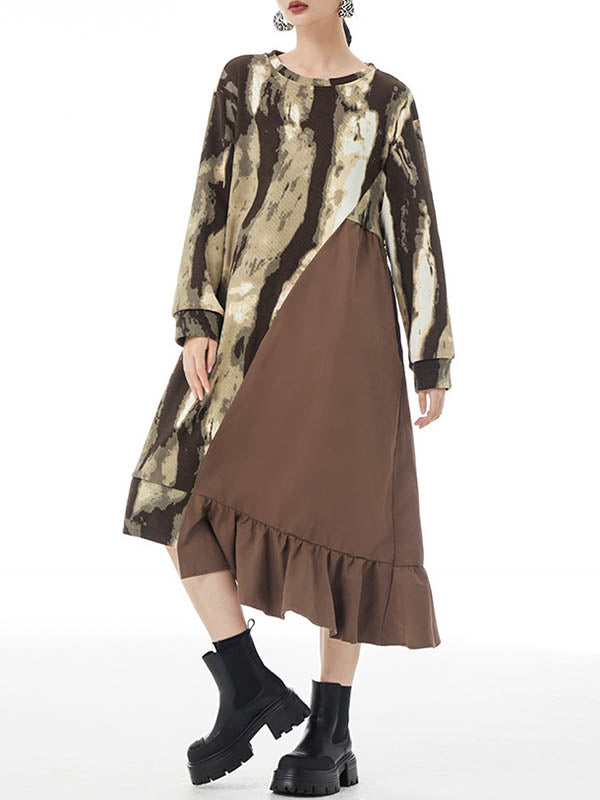 Asymmetric Contrast Color Ruffled Split-Joint Long Sleeves Loose Round-Neck Midi Dresses