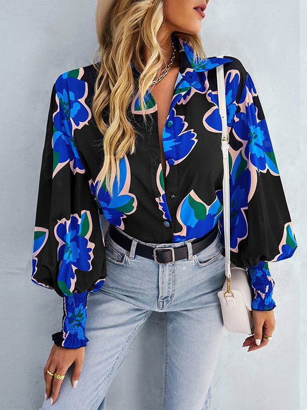 Buttoned Elasticity Flower Print Long Sleeves Loose Lapel Blouses&Shirts Tops