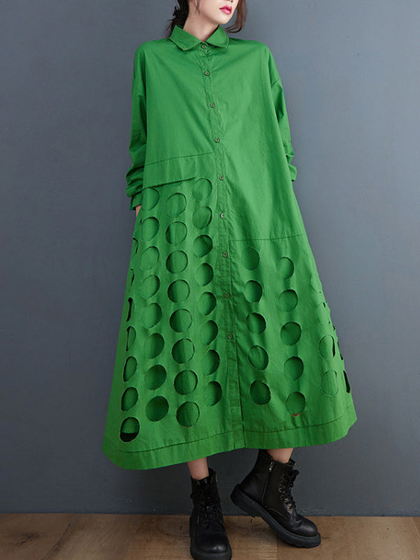 Asymmetric Hollow Polka-Dot Solid Color A-Line Long Sleeves Lapel Midi Dresses