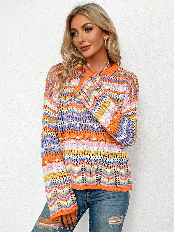 4 Colors Loose Contrast Color Round-Neck Sweater Top