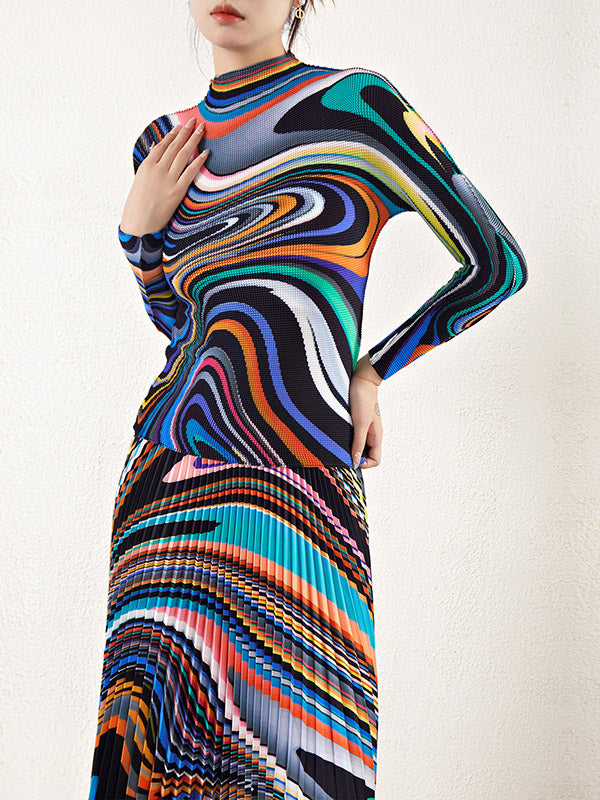 Pleated Long Sleeves Contrast Color Mock Neck T-Shirt Top + Printed A-Line Skirts Bottom Two Pieces Set