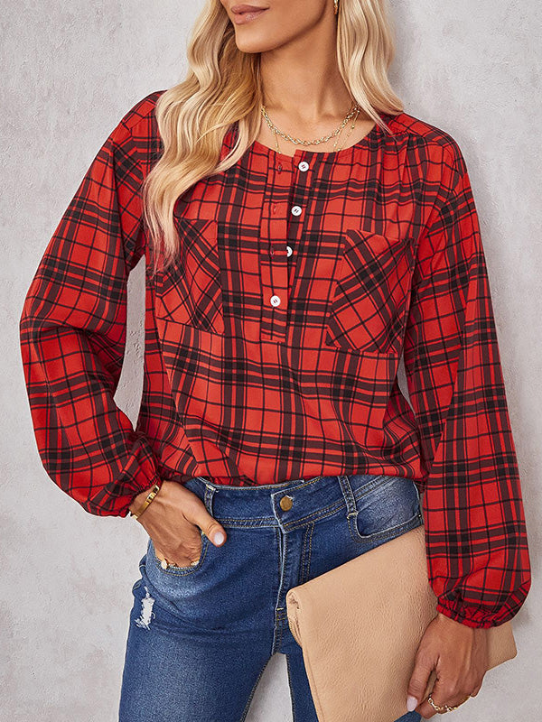Buttoned Elasticity Plaid Pockets Long Sleeves Loose Round-Neck Blouses&Shirts Tops