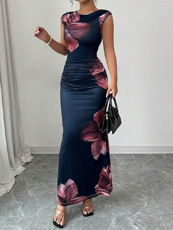 Contrast Color Flower Print Bodycon Sleeveless Round-Neck Maxi Dresses