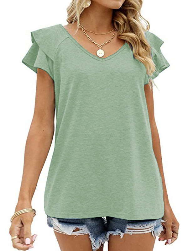 Double Layered Solid Color Split-Joint Loose Ruffle Sleeves Round-Neck T-Shirts Tops