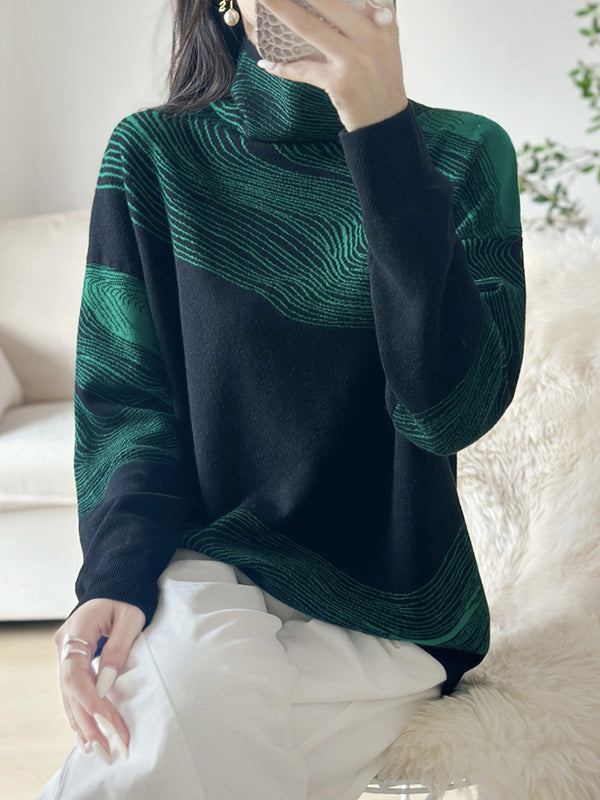 Contrast Color Long Sleeves Loose High Neck Sweater Tops Pullovers