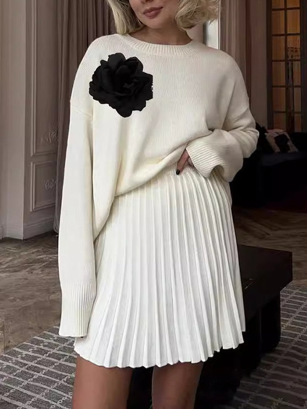 Flower Shape Split-Joint Long Sleeves Loose Round-Neck Sweater Tops