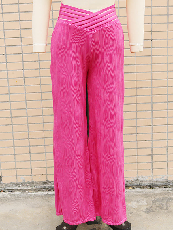 Elasticity Hollow Pleated Solid Color Loose Wide Leg Trousers Pants