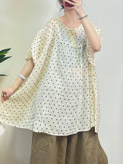Polka-Dot Split-Joint Half Sleeves Loose Round-neck Blouses&shirts Tops