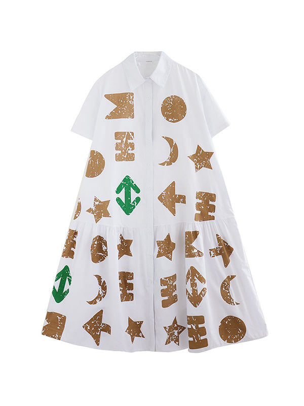 Buttoned Pleated Pockets Printed Split-Joint Loose Short Sleeves Lapel Shirt Dress Midi Dresses