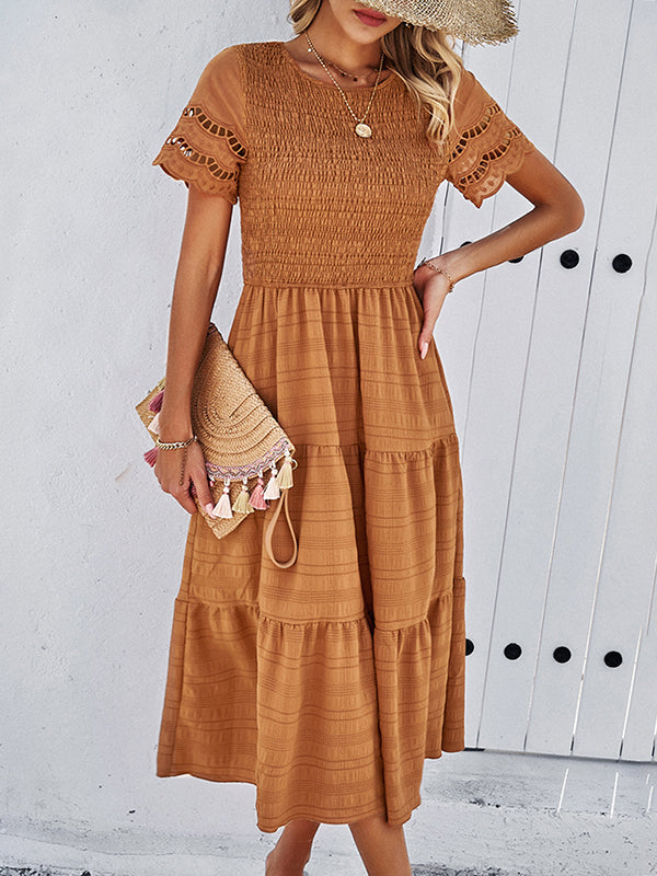 Elasticity Hollow Solid Color Split-Joint A-Line Loose Round-Neck Midi Dresses