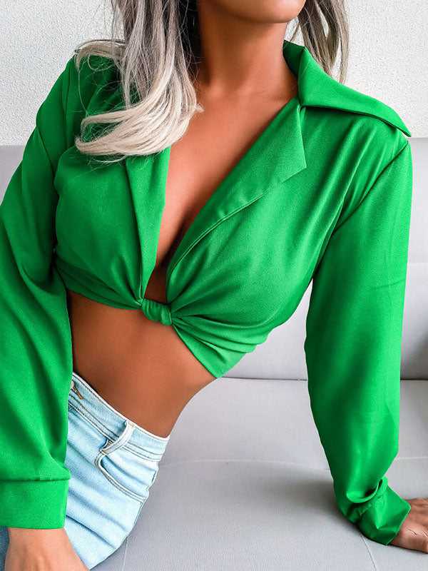 Knot Solid Color Split-Joint Long Sleeves Deep V-Neck Blouses&shirts Tops