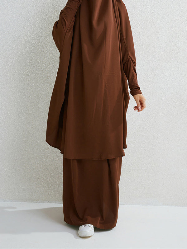 Solid Color Batwing Sleeves Long Sleeves Muslim High Neck Shirts Top + Skirts Bottom Two Pieces Set