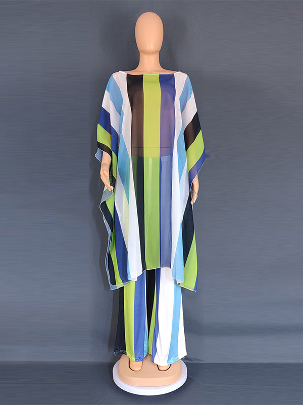 Contrast Color See-Through Split-Side Striped Batwing Sleeves Loose Two Pieces Set Pants Set