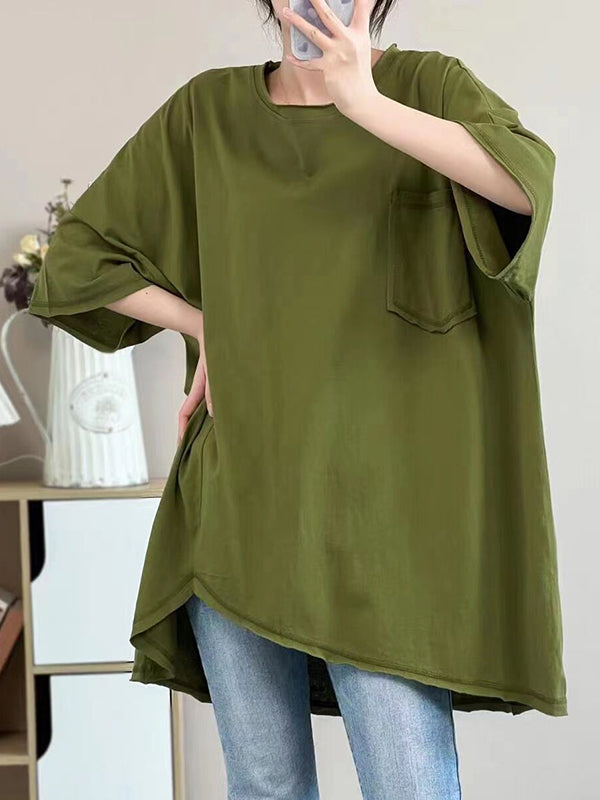 Asymmetric Solid Color Half Sleeves Loose Round-neck T-shirts