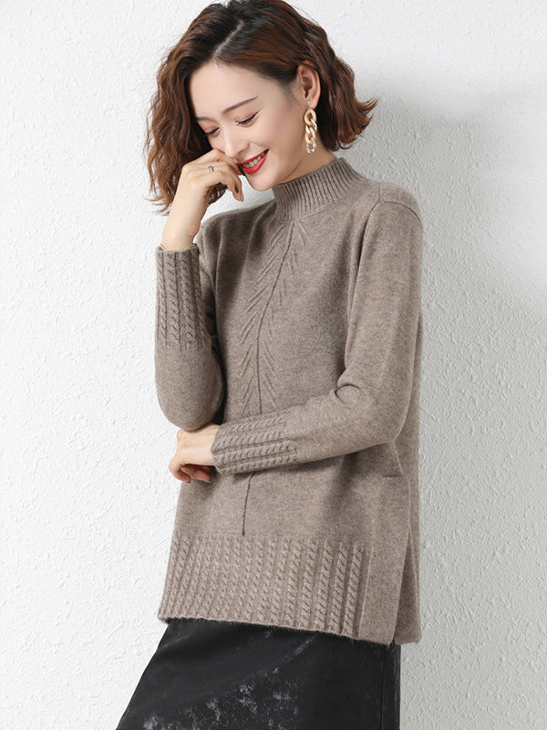 Loose Split-Side Solid Color Half Turtleneck Sweater Tops