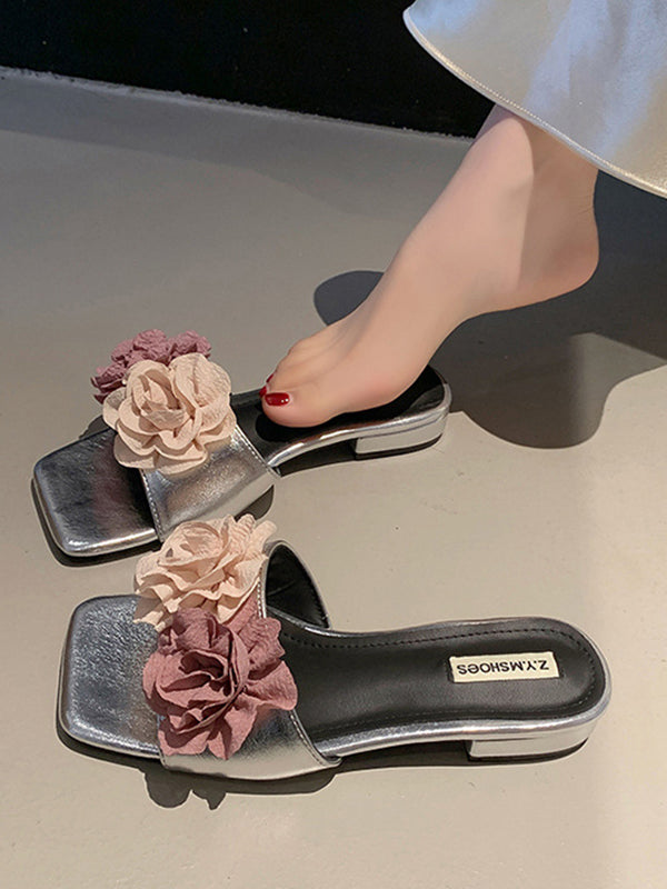 Flower Shape Open Toe Split-Joint Square-Toe Slippers&Mules