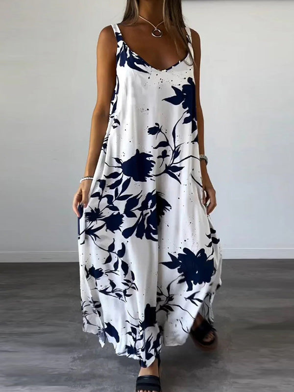 Floral Printed Split-Joint Loose Plus Size Spaghetti-Neck Maxi Dresses