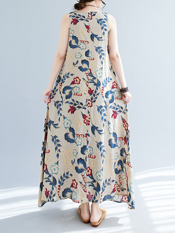 Floral Printed Loose Sleeveless Round-Neck Maxi Dresses