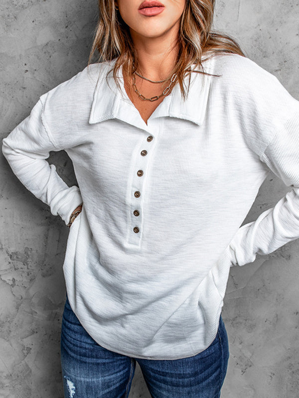 Buttoned Solid Color Split-Joint Long Sleeves Loose Lapel T-Shirts Tops