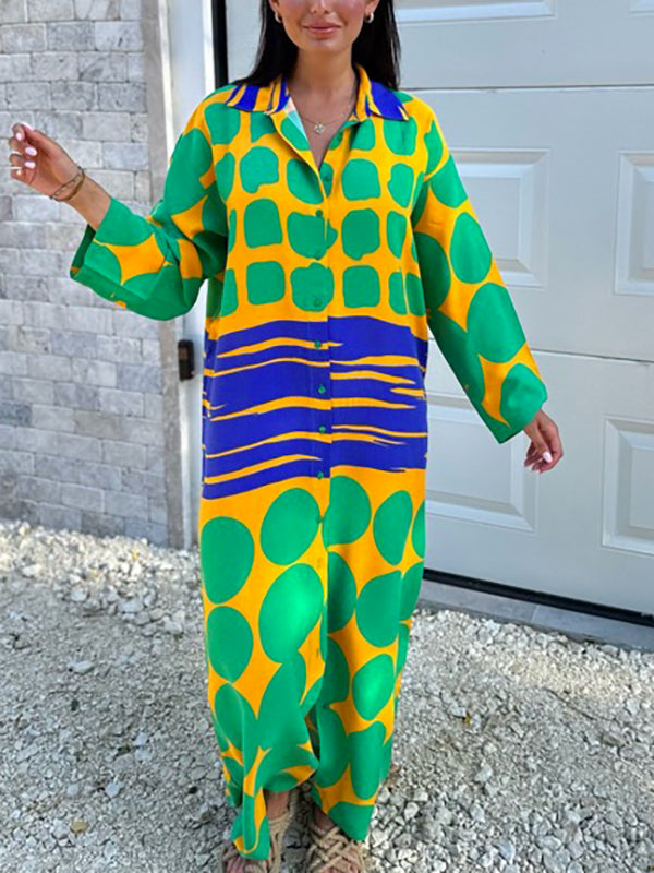 Buttoned Printed Long Sleeves Loose Lapel Shirt Dress Maxi Dresses