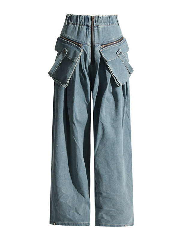 Pleated Pockets Split-Joint Zipper Loose Wide Leg Jean Pants Bottoms
