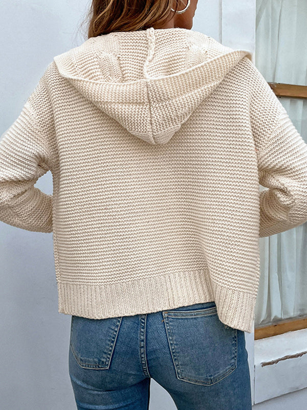 Solid Color Split-Joint Long Sleeves Loose Hooded Cardigan Tops