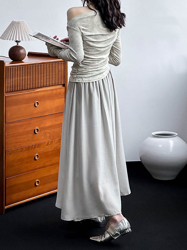 Elasticity Pleated Solid Color Split-Joint A-line High Waisted Skirts Bottoms