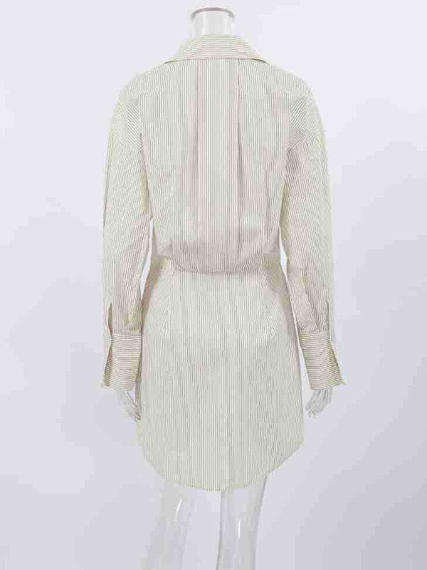 Buttoned Striped Flared Sleeves Long Sleeves Lapel Shirt Dress Mini Dresses