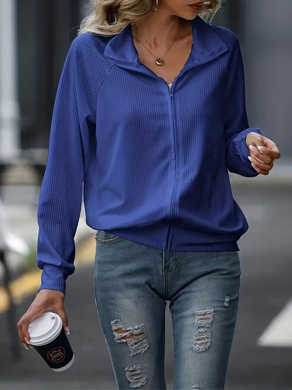 Solid Color Zipper Long Sleeves Loose Lapel Outerwear