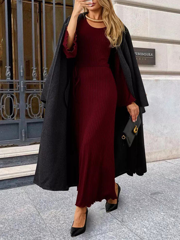 Pleated Ruffled Solid Color Split-Joint Long Sleeves Round-neck Maxi Dresses