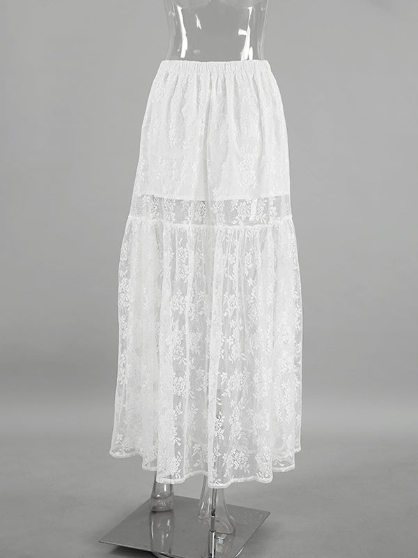 Elasticity See-Through Split-Joint A-Line Loose Skirts Bottoms