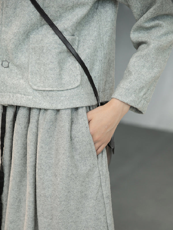 Urban Long Sleeves Buttoned Round-Neck Jacket Top+ Split-Joint Skirt Two Pieces Set