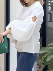 Hollow Solid Color Long Sleeves Puff Sleeves Round-neck T-shirts