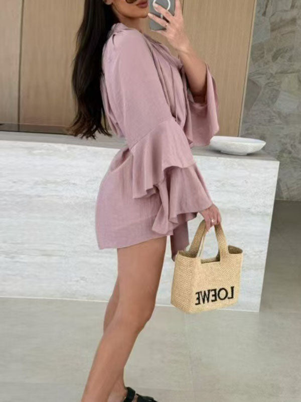 Lace-Up Pleated Solid Color Split-Joint Tiered Flared Sleeves Loose Round-neck Mini Dresses