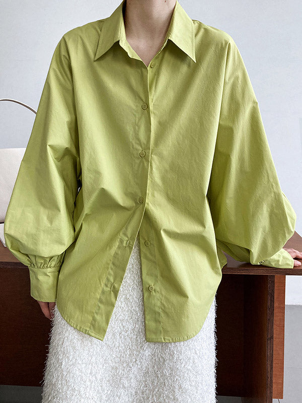 Buttoned Pleated Solid Color Long Sleeves Loose Lapel Blouses&Shirts Tops