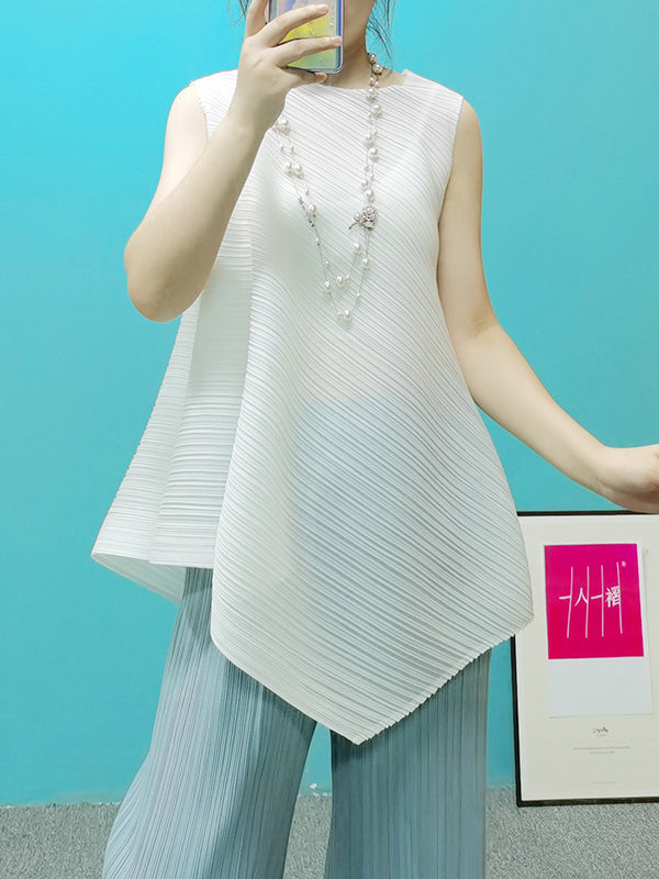 Pleated Solid Color Irregular Clipping Loose Round-Neck Vest Top