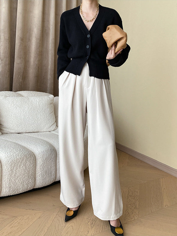 Solid Color Long Sleeves Loose V-Neck Cardigan Tops
