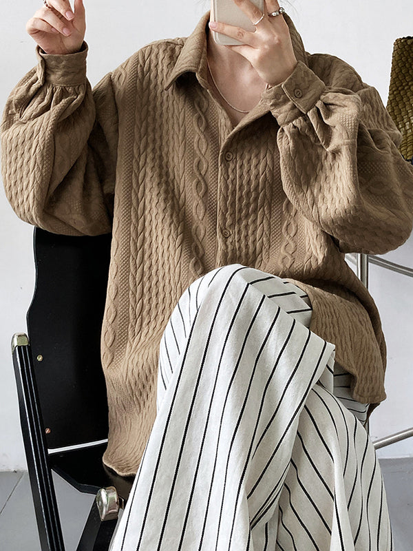 Simple Loose Long Sleeves Buttoned Solid Color Textured Lapel Collar Blouses&Shirts Tops