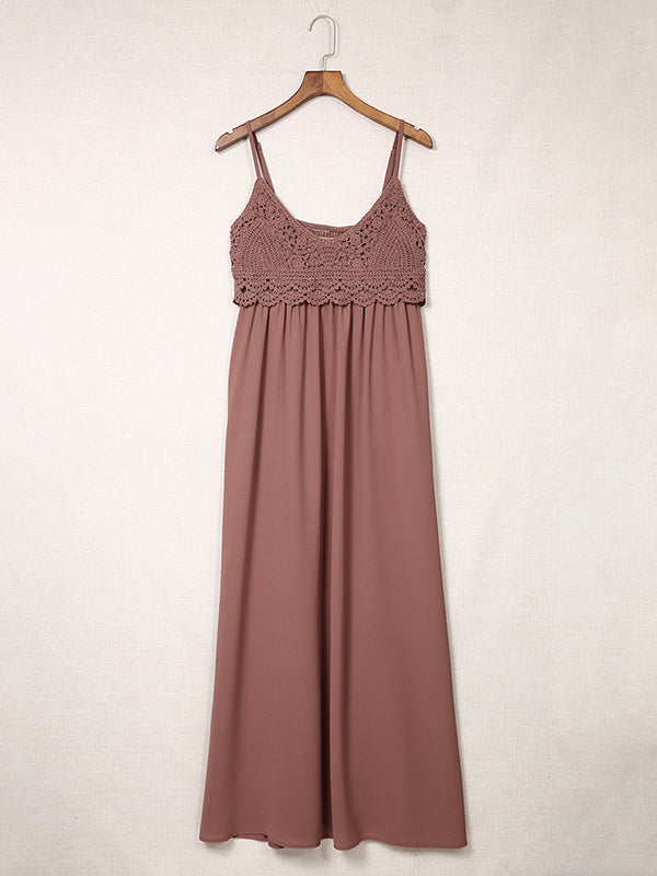 Elasticity Pleated Solid Color A-Line Loose Spaghetti-Neck Maxi Dresses