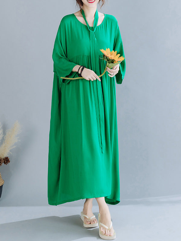 Simple Pleats Round-Neck Maxi Dress