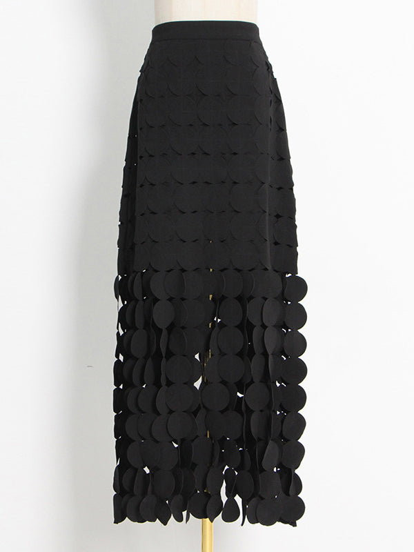 Hollow Polka-Dot Solid Color Tasseled High Waisted Loose Skirts Bottoms