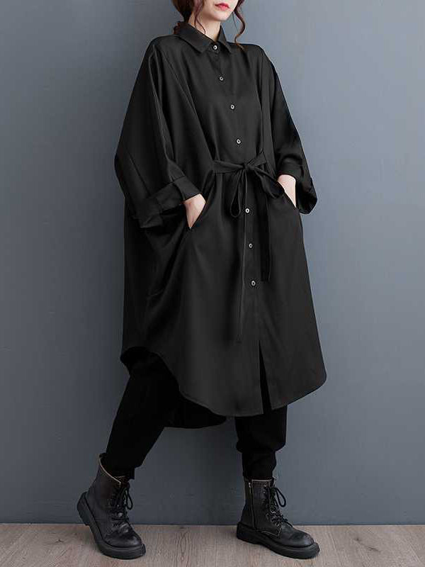 Buttoned Pleated Solid Color Split-Joint Tied Batwing Sleeves Long Sleeves Lapel Outerwear Midi Dresses